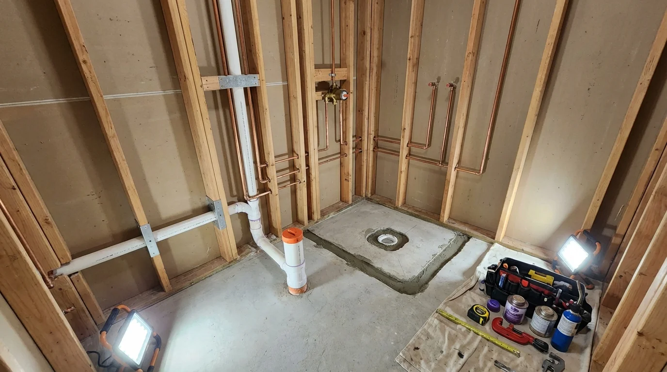 Bathroom rough-in plumbing during remodel by Johns Plumbing LLC in Webster