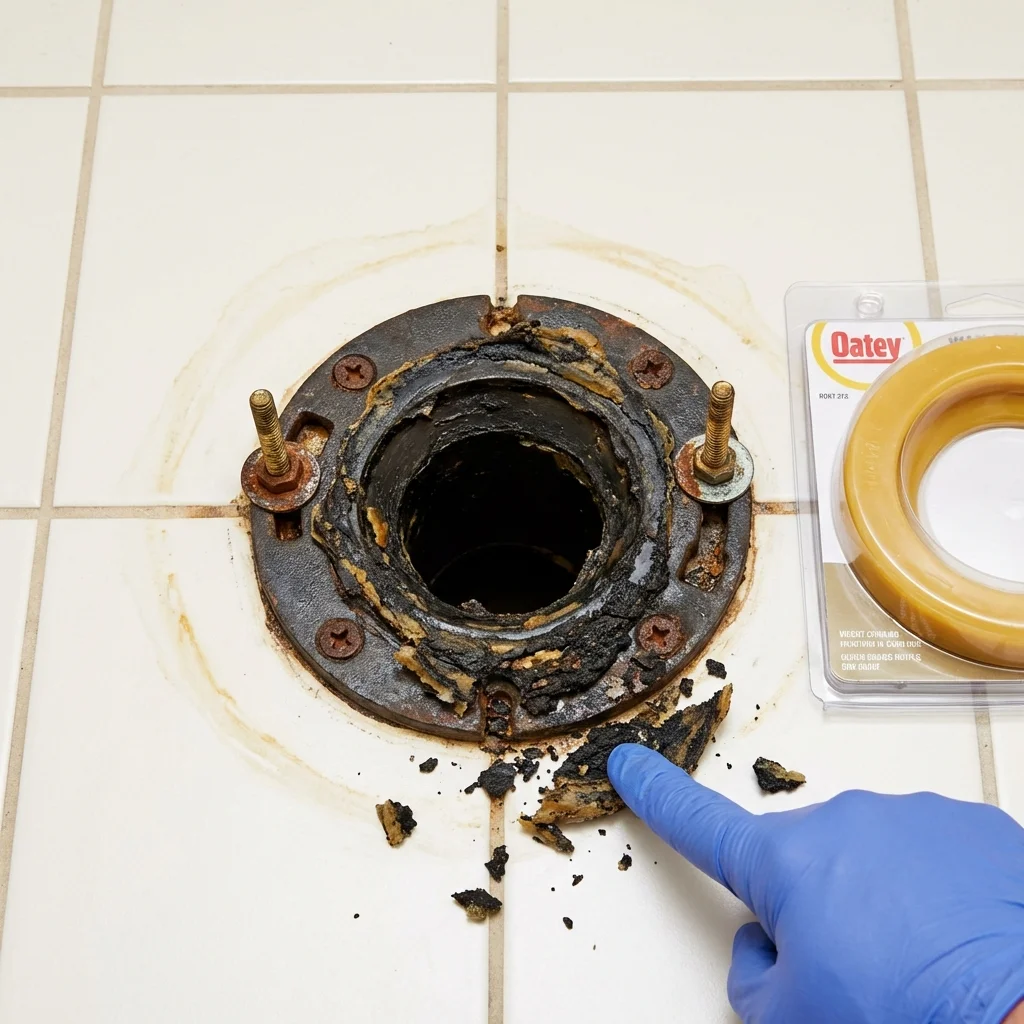 Failed wax ring showing water seepage at the base of a toilet in a Webster, SD home